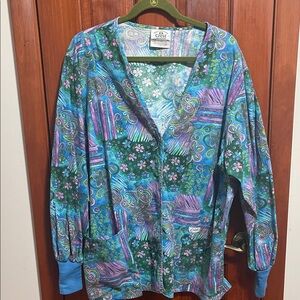 Teal Purple Floral Print Scrub Jacket